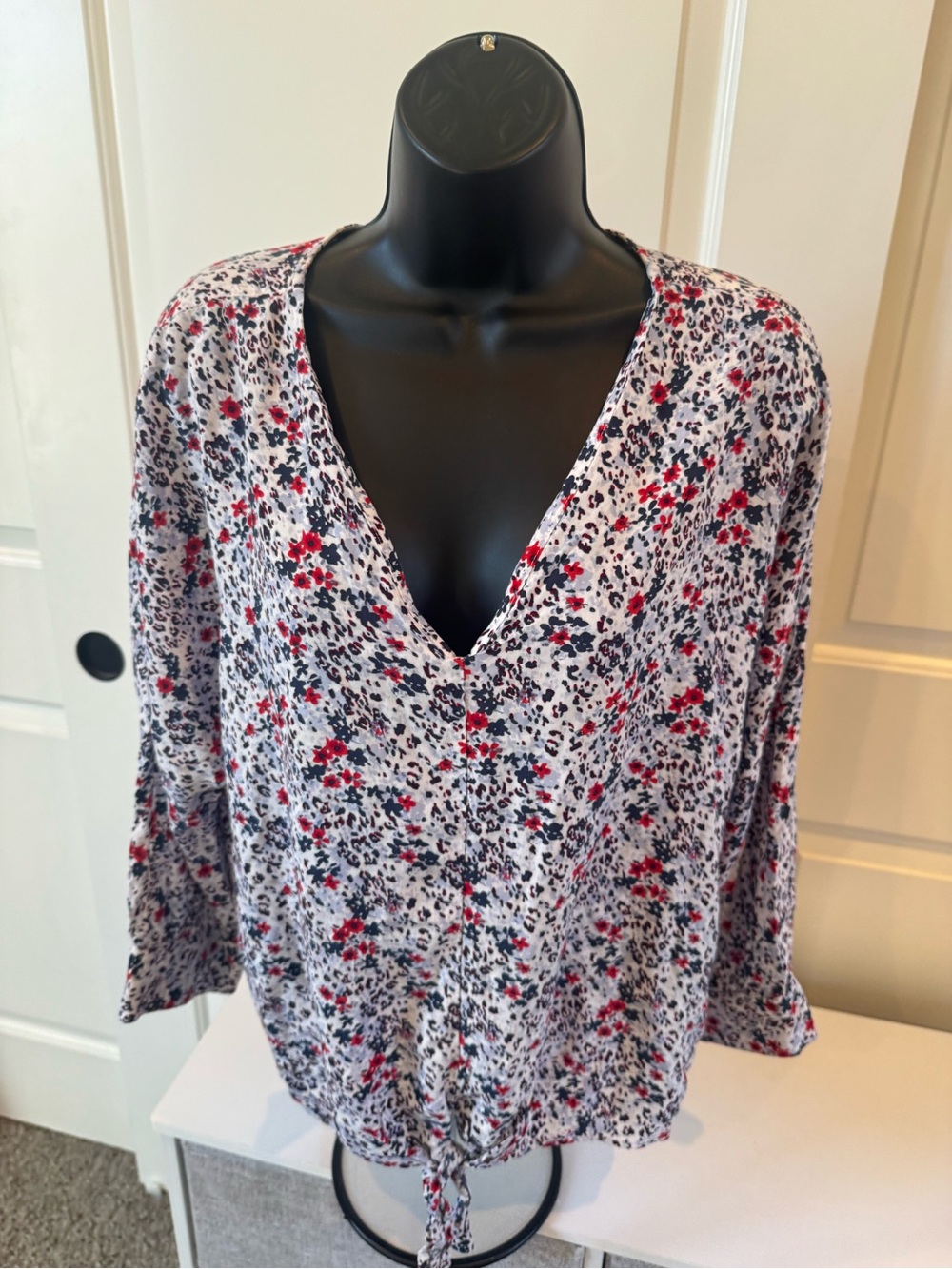 beachlunchlounge White V-Neck Tie-Hem Blouse with Red & Navy Floral